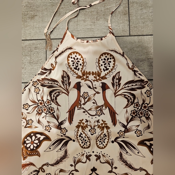 House of Harlow 1960 Satin Halter Maxi Dress Tropical Birds Print Tassels M - Picture 5 of 6